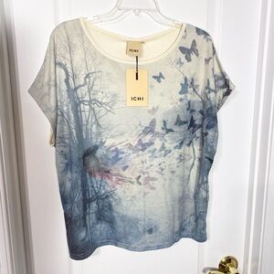 Anthro ICHI Butterfly Tree Graphic Gathered Back Short Sleeve Dolman Tee Cream M